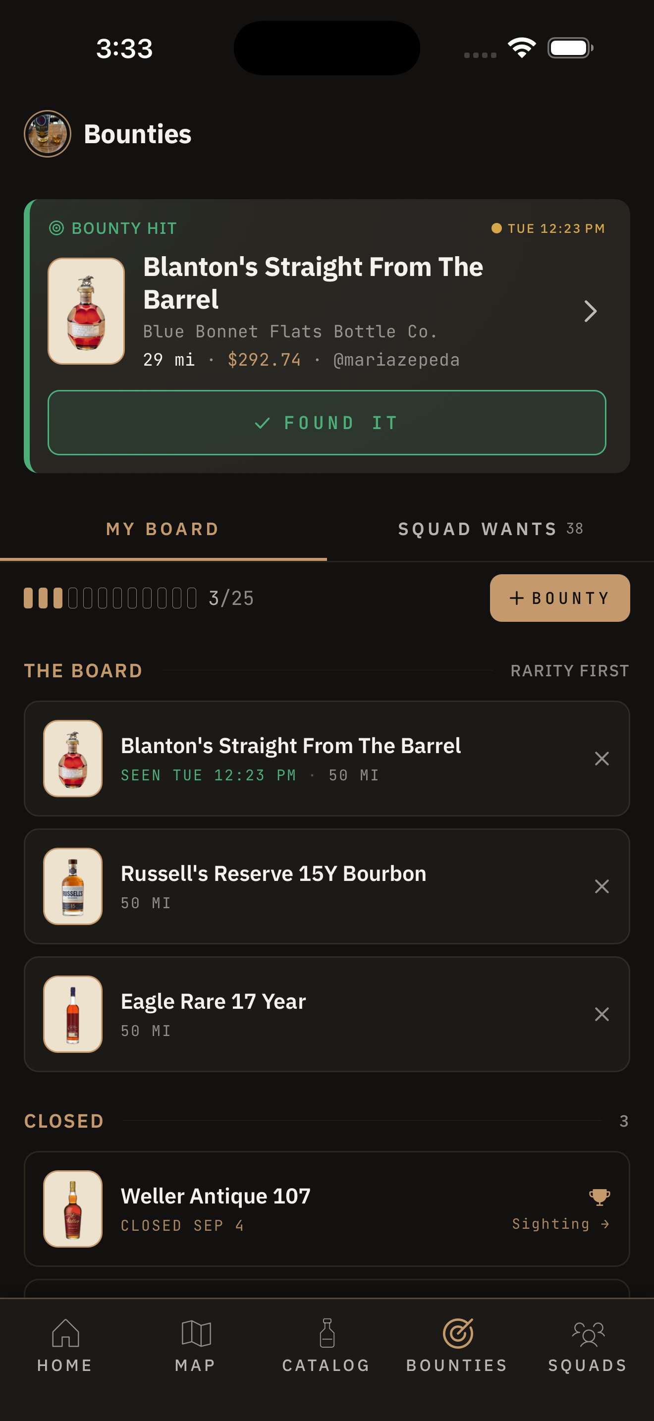 Active bottle bounties and nearby alerts